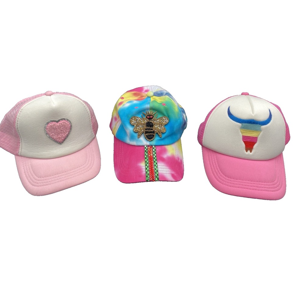 Baseball Hat Lot 3 Girls Trucker Hats Pink Sparkle Rainbow Texas Heart Vintage